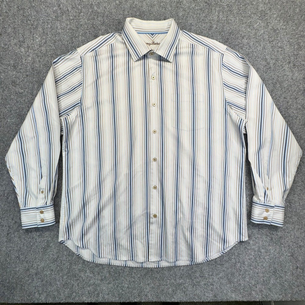 Tommy Bahama Button Down Mens XL Blue Striped 100%‎ Silk Long Sleeve Shirt